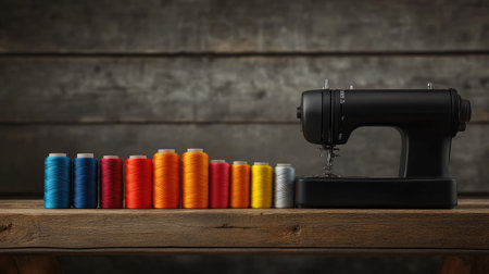 A striking arrangement of colorful sewing threads alongside a sleek black sewing machine on a rustic wooden table, perfect for craft enthusiasts and designers.の素材