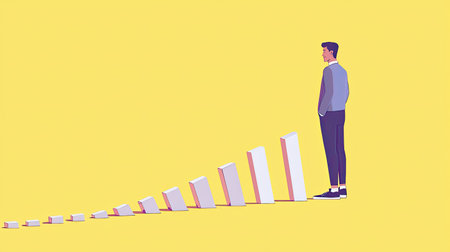 A minimalist illustration featuring a man observing a series of increasing growth bars on a vibrant yellow background, symbolizing progress and achievement.の素材