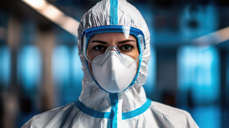 A dedicated healthcare worker in full protective gear, including a mask and suit, stands ready to combat the COVID-19 pandemic in a medical facility.の素材