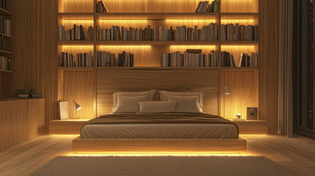 This cozy bedroom features stylish wooden shelves with books, warm ambient lighting, and a relaxing atmosphere, perfect for reading and unwinding at home.の素材
