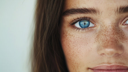 A captivating close-up portrait of a young woman highlighting her freckles and bright blue eyes. The image conveys beauty and serenity, perfect for lifestyle and health themes.の素材