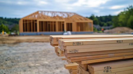 Fresh lumber stacked for construction projects with a framed house in the background. This image captures the essence of building and development.の素材