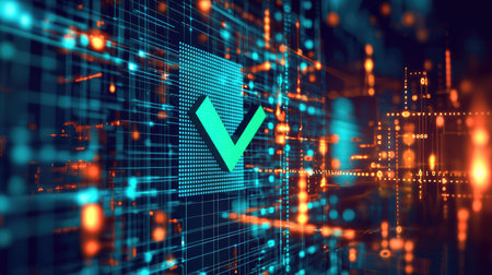 This abstract digital background features a glowing check mark icon, symbolizing verification and confirmation in a vibrant, futuristic design. Perfect for tech themes.の素材