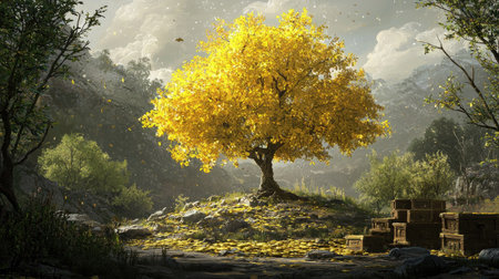 A stunning yellow tree stands alone in a vibrant green landscape, surrounded by hills. The sunlight filters through the leaves, creating a tranquil scene filled with autumn beauty.の素材