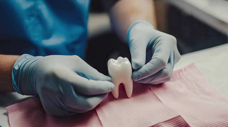A dental professional demonstrates the details of a tooth model while wearing gloves. This image highlights dental education and healthcare practices.の素材