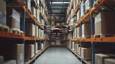 A drone hovers in a modern warehouse, surrounded by neatly stacked boxes, symbolizing the future of logistics and automation in inventory management.の素材