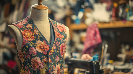 A beautifully crafted floral design vest displayed on a tailor's mannequin in a creative workshop, surrounded by sewing tools and colorful fabrics.の素材