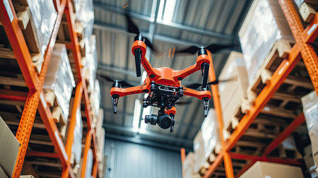A vibrant drone equipped with a camera navigates through a modern warehouse, showcasing its potential for inventory management and aerial surveillance.の素材