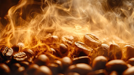 Captivating image of steaming coffee beans with aromatic smoke rising, creating a warm and inviting atmosphere, perfect for coffee lovers and culinary enthusiasts.の素材