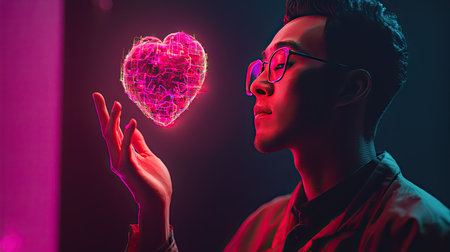 A young man gazes thoughtfully at a glowing, neon heart, symbolizing love and connection. The dark atmosphere enhances the colorful lights, creating a captivating visual experience.の素材