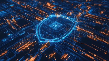 Dynamic illustration of a futuristic shield symbol in a digital network. The vibrant blue and orange lights highlight cybersecurity themes.の素材