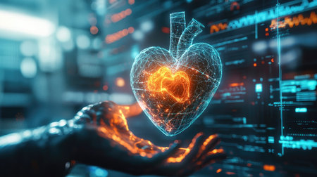 A digital representation of a heart held by a futuristic hand, surrounded by data elements. This captivating image symbolizes innovation in healthcare and technology.の素材