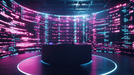 An eye-catching futuristic digital desk surrounded by glowing neon lights in a data center environment, perfect for tech-themed visuals and innovative concepts.の素材
