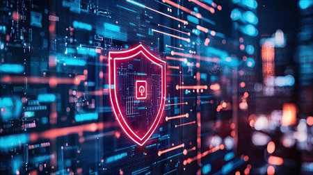 A striking digital shield icon on an abstract technology background, emphasizing security and protection in modern digital environments. Perfect for tech-related themes.の素材