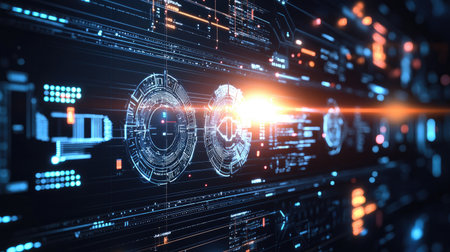 Eye-catching futuristic data visualization featuring neon elements and circuit designs. Ideal for technology, science, and innovation themes in digital media.の素材