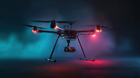 This image showcases a modern drone equipped with a camera, glowing in low light. The vibrant colors and dynamic design highlight its advanced technology and innovative features.の素材