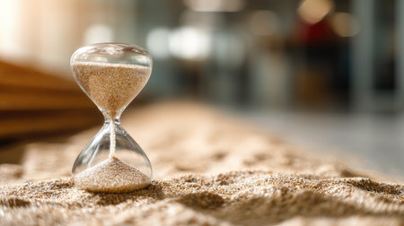 A beautiful hourglass sits on soft sand, symbolizing the passage of time. The soft focus creates a calming atmosphere, inviting reflection and mindfulness.の素材