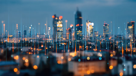 Stunning urban skyline captured at dusk with vibrant light trails. The composition features blurred buildings and an abstract cityscape, evoking a modern and technological atmosphere.の素材