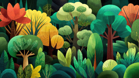 A lively illustration showcasing a variety of trees and foliage with rich colors, depicting a vibrant forest scene full of life and beauty.の素材