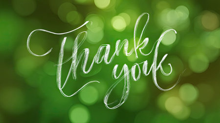 Handwritten "Thank You" message in elegant script over a vibrant green bokeh background. Perfect for expressing gratitude in designs and greetings.の素材