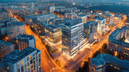 A breathtaking aerial view capturing a vibrant urban landscape at night, showcasing modern buildings glowing with bright lights, bustling roads, and a lively city atmosphere.の素材