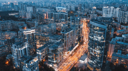 Stunning aerial view of a modern urban skyline illuminated at night, showcasing vibrant streets, contemporary architecture, and bustling city life.の素材