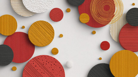 Vivid arrangement of textured circles in red, yellow, and beige against a white backdrop, creating a striking and modern abstract artwork. Perfect for decor.の素材