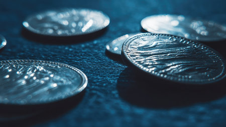 A close-up image of shiny coins scattered on a dark surface with soft lighting, highlighting the details and texture of the currency for commercial and creative use.の素材