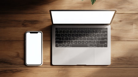 A modern laptop and smartphone on a wooden desk. Both devices have empty screens, perfect for showcasing apps or designs in a workspace setting.の素材