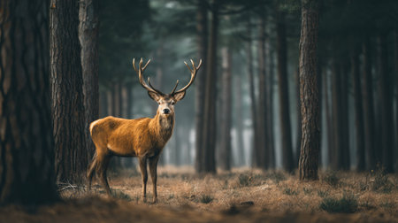 A majestic deer stands proudly in a serene forest, surrounded by tall trees. The peaceful atmosphere captures the beauty of nature and wildlife.の素材