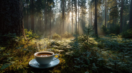 Enjoy a peaceful moment with a steaming cup of coffee in a tranquil forest. Sunlight filters through the trees, creating a serene atmosphere perfect for relaxation.の素材