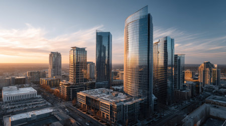 A stunning aerial view of a modern urban skyline at sunset, highlighting sleek skyscrapers and vibrant city life. The glass structures reflect warm sunlight against a colorful sky.の素材
