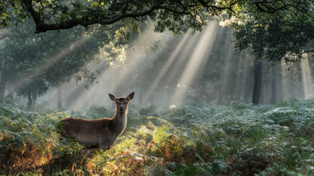A tranquil forest scene capturing a majestic deer illuminated by rays of sunlight. The vibrant greenery and gentle mist create a serene atmosphere, perfect for nature lovers.の素材