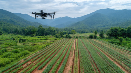 A drone hovers above lush agricultural fields against a stunning mountain backdrop, capturing the essence of modern farming techniques and landscape beauty.の素材