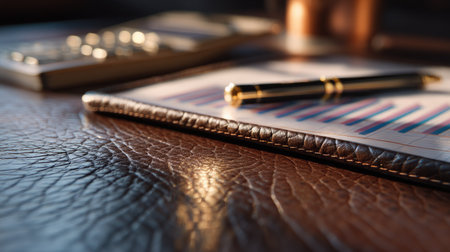 A stylish office desk scene featuring financial charts, a sleek pen, and a leather clipboard. Ideal for themes of finance, professionalism, and productivity.の素材