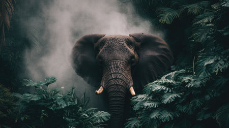 A breathtaking image of a majestic elephant navigating through a lush jungle, surrounded by vibrant greenery and a mystical mist, showcasing the beauty of wildlife.の素材