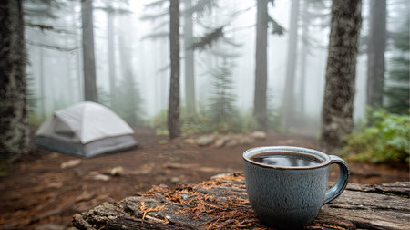 Enjoy a tranquil camping experience with a steaming mug of coffee nestled on a rustic log, surrounded by a misty forest and a cozy tent.の素材