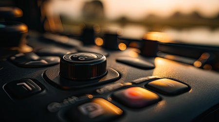 A detailed close-up of audio mixer controls with a sunlit backdrop. Focus on knobs and buttons highlighting the intricacies of sound production. A vivid atmosphere.の素材
