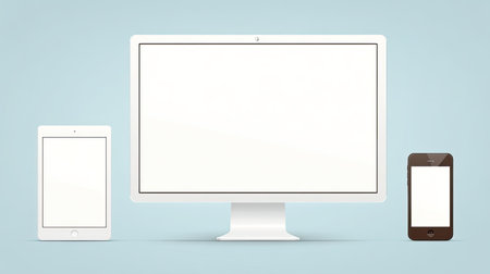 This image features a sleek arrangement of a monitor, tablet, and smartphone on a light blue background, ideal for showcasing digital technology and minimalist design concepts.の素材