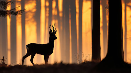A majestic deer stands silhouetted against a breathtaking sunset in a quiet forest. The warm orange and brown hues create a tranquil atmosphere, showcasing the beauty of nature.の素材