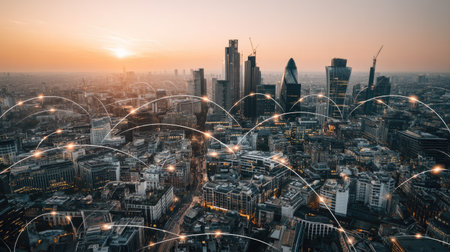 Stunning aerial view of a vibrant city at sunset with digital connection overlay. This image captures urban life, technology, and architectural beauty.の素材