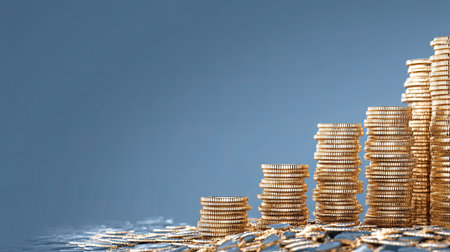 A collection of stacked gold coins on a glossy surface against a soft blue background, representing finance, prosperity, and investment growth in an elegant and modern setting.の素材