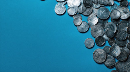 A visually striking image of scattered silver coins on a vibrant blue background. This photo captures texture and detail, ideal for finance-themed projects.の素材