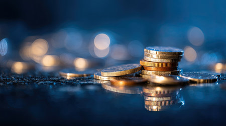 A close-up shot of stacked coins reflecting light, surrounded by a beautiful bokeh background. The image evokes themes of finance, investment, and wealth.の素材