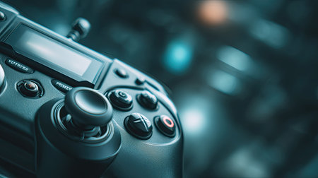 Close-up shot of a modern game controller showcasing its intricate design and features in a dynamic gaming environment, emphasizing fun and technology.の素材