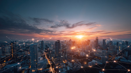 Stunning cityscape at sunset showcasing urban skyline and dynamic network connections, illustrating the blend of technology and modern city life.の素材
