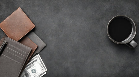 A stylish arrangement of leather wallets and cash next to a black coffee cup on a dark surface. Ideal for business or finance themes.の素材