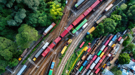 This aerial photograph showcases a vibrant arrangement of cargo trains winding through lush greenery, illustrating the intersection of nature and industry.の素材
