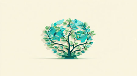 This vibrant minimalist illustration features a circular tree design with blue leaves, portraying a harmonious blend of nature and creativity in a modern art style.の素材