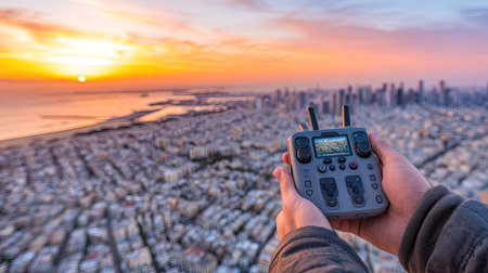 A captivating view showcasing hands holding a drone controller with a stunning sunset over a city. Explore the blend of technology and nature.の素材
